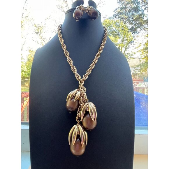 Vintage Napier Kumquat Moonglow Necklace & Earrings Set Brown Tone Goldtone High - Picture 3 of 16